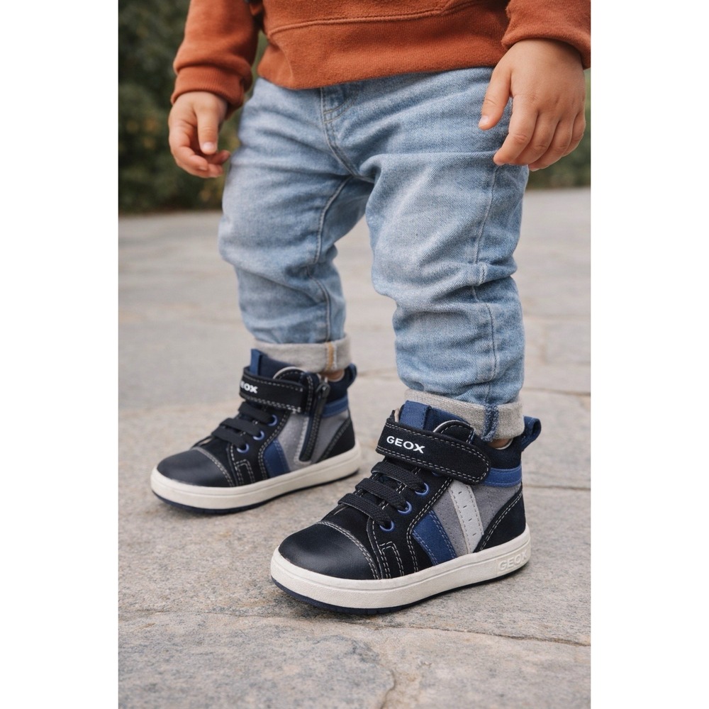 Geox Boys Toddler High Top Sneakers Navy Leather Respira Zip Shoes NWT